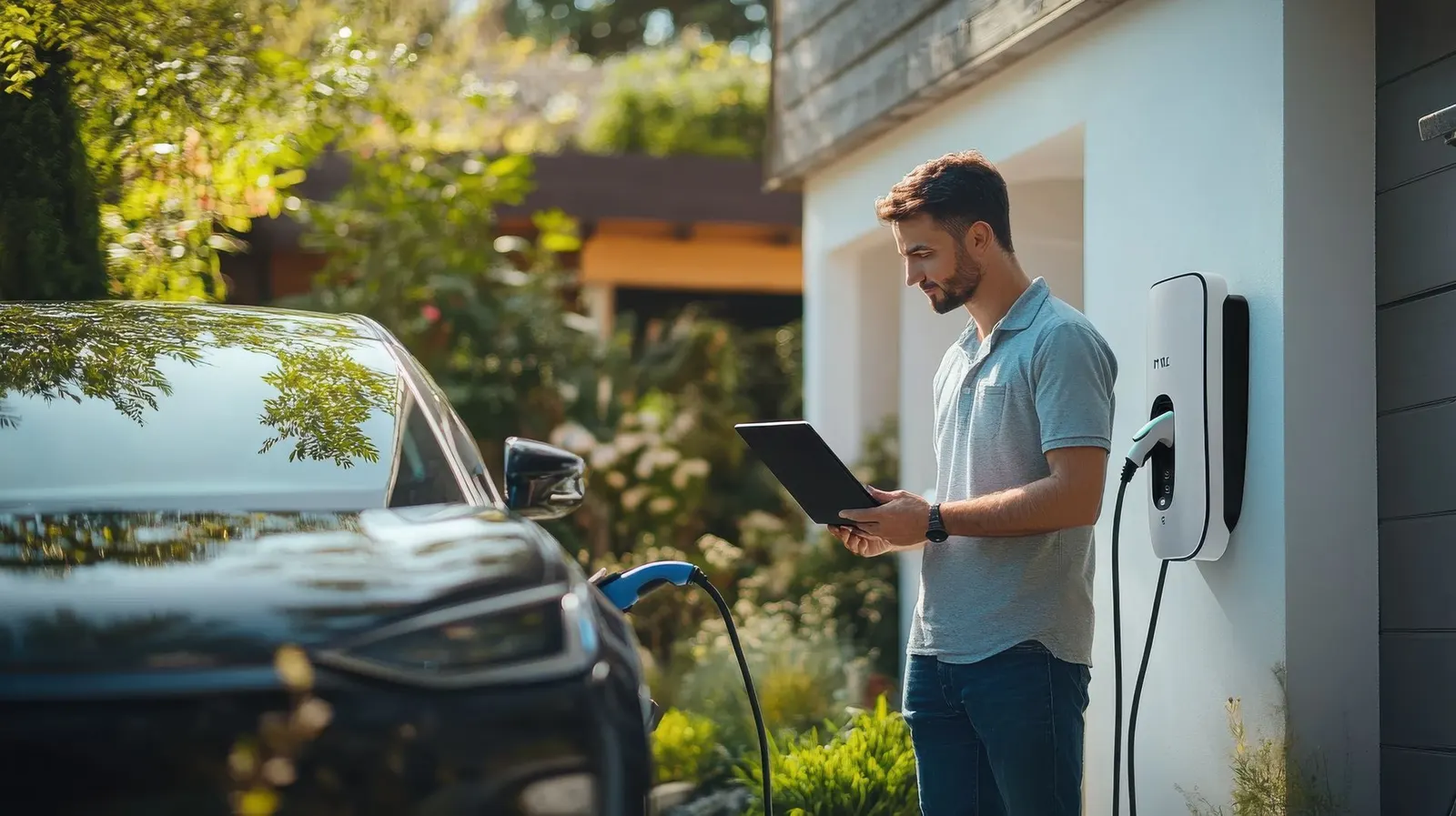 Installateur devant une borne et une voiture électrique